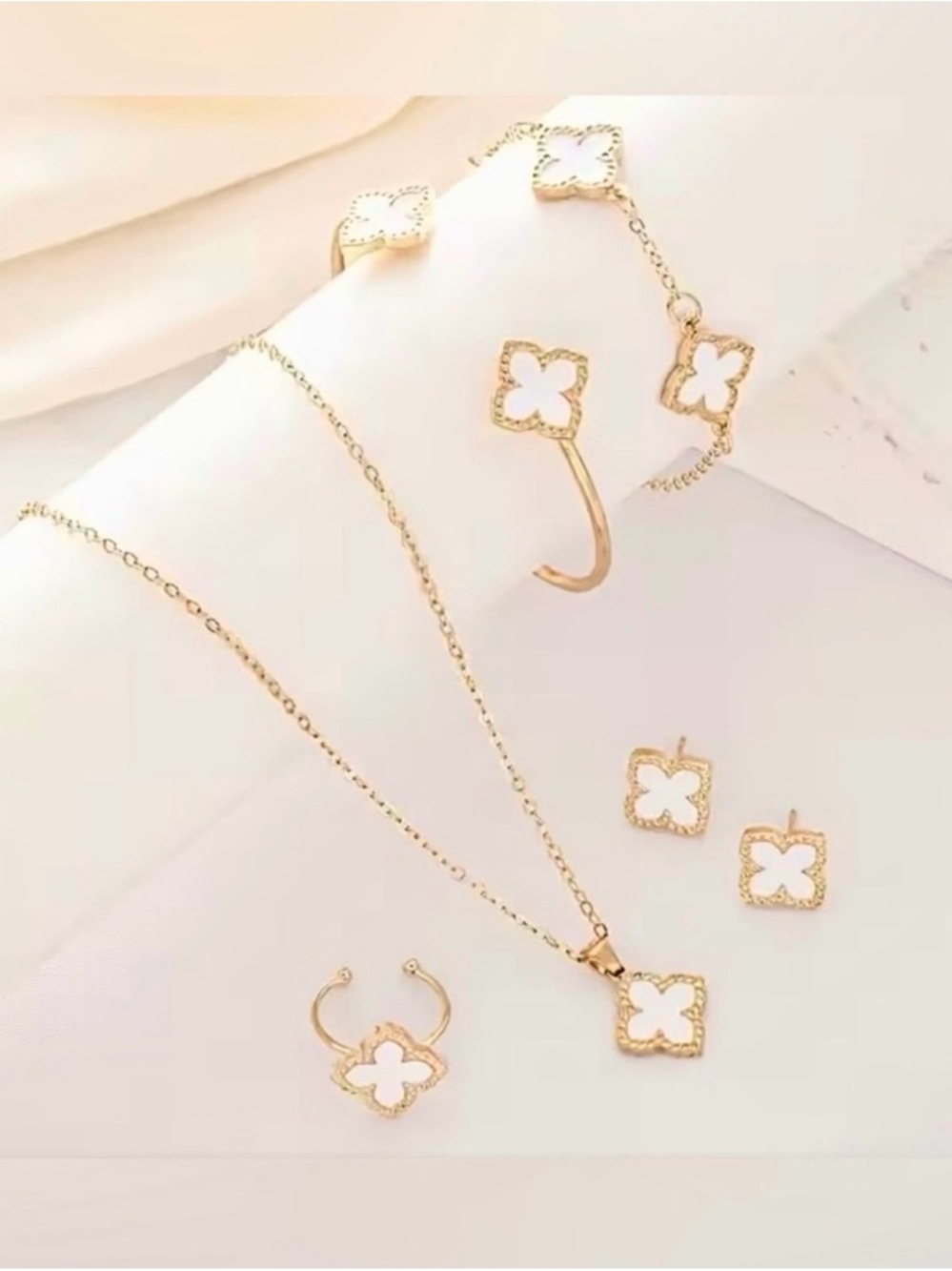Elegant White Lucky Clover Gold Jewelry Set - Necklace, Bracelet, Ring, Earrings